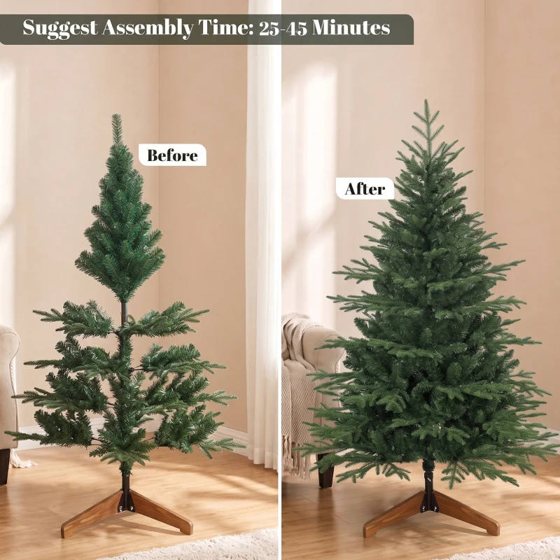 HOMCOM 150cm Artificial Christmas Tree Full Hinged Xmas Tree Solid Pine Wood Stand, Green