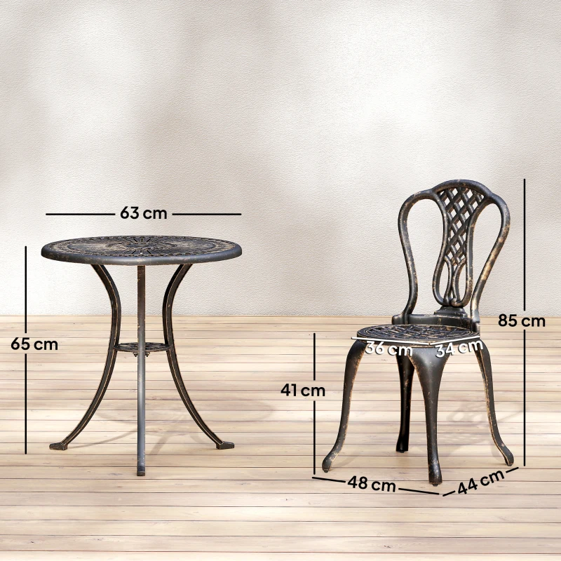 Outsunny 3 Piece Patio Cast Aluminium Bistro Set Garden Outdoor Furniture Table and Chairs Shabby Chic Style, Bronze Tone
