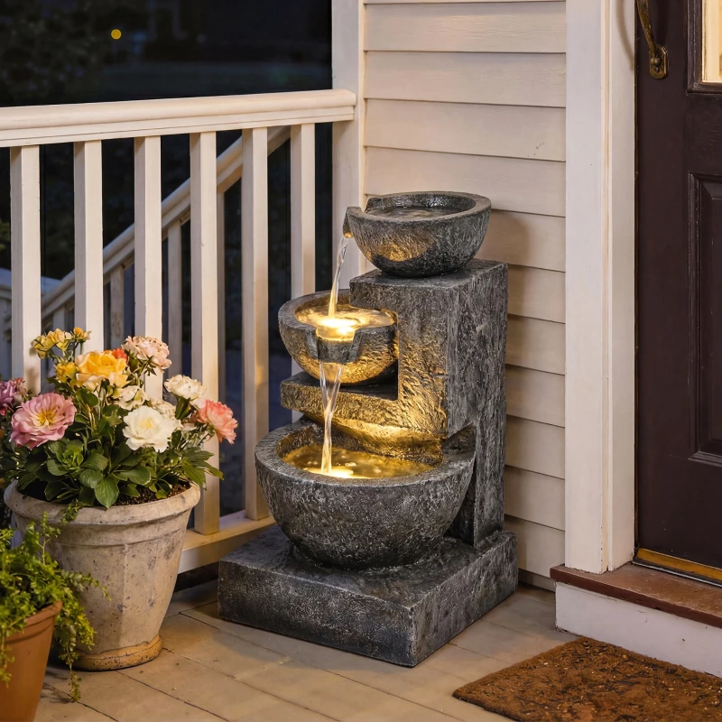 Outsunny Fonte de Jardim com Iluminação LED e Bomba Cascata Decorativa de 3 Níveis 40x37x61 cm Multicolor
