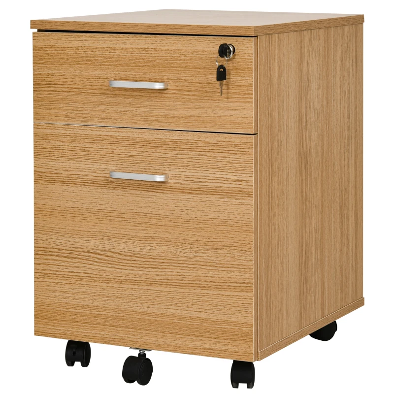 Vinsetto Cajonera de Oficina con Ruedas Mueble Archivador con 2 Cajones para Documentos en Tamaño A4 Cerradura 40x49x58cm Natural