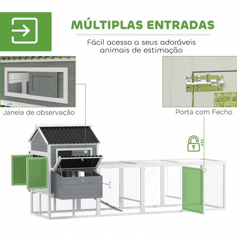 PawHut Galinheiro para Exterior Galinheiro de Madeira para 10-15 Galinhas com Baloiço Perchas Bandeja Removível e Rampa 315,5x150,5x140,5 cm Cinza