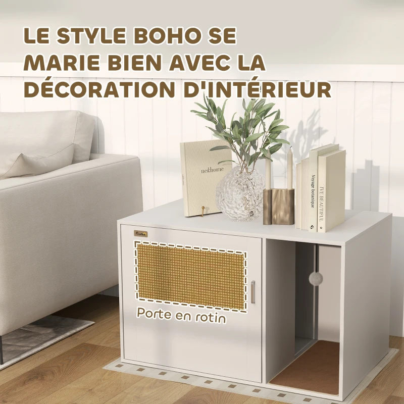 PawHut Maison de toilette chat meuble litière pour chat tapis griffoir porte avec poignées style bohème 80 x 50 x 50 cm blanc