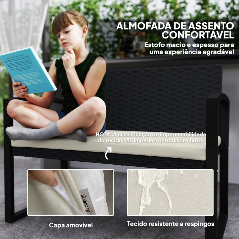 Outsunny Banco de Jardim em Vime Sintético de 2 Lugares Banco de Exterior com Almofada 103x58x78 cm Preto e Bege