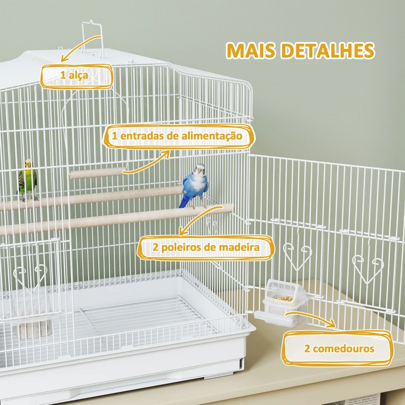 PawHut Gaiola para Pássaros de Aço com 2 Comedouros 2 Poleiros Baloiço e Bandeja Removível Pega 46,5x36x59 cm Branco