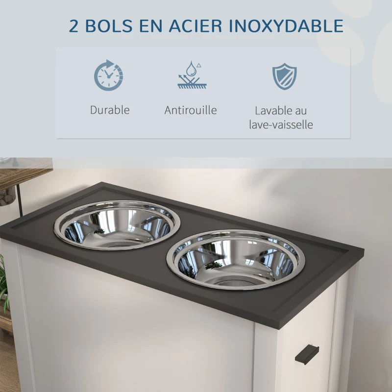 PawHut Gamelle surélevée pour chiens avec 2 bols en acier inoxydable amovible coffre de rangement, dim. 60L x 30l x 42H cm