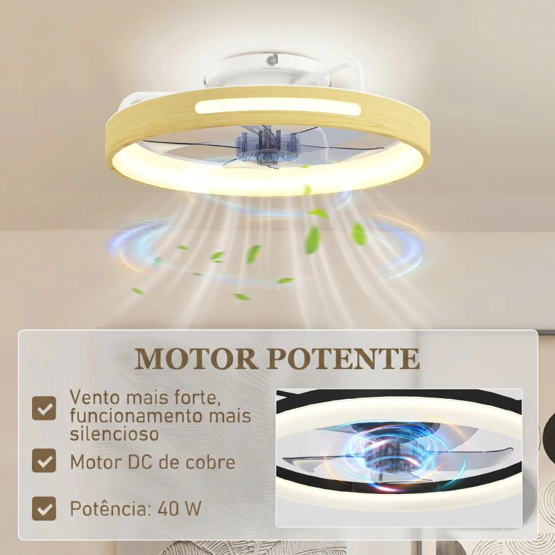 HOMCOM Ventilador de Teto com Luz LED 40 W Motor DC Reversível Comando 6 Velocidades 3 Cores Temporizador Madeira
