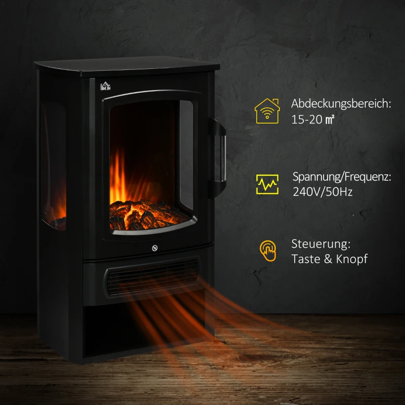 HOMCOM elektrische haard, realistische vlammen, 2 verwarmingsniveaus, bescherming tegen oververhitting, staal, zwart, 44,5 x 32 x 74 cm(m-7)