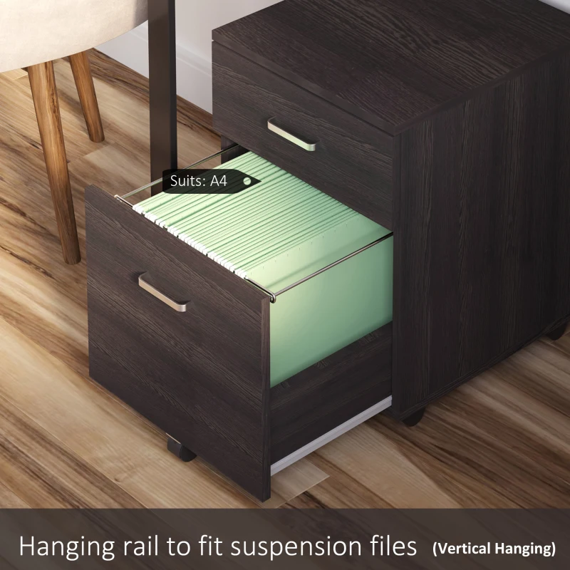 Vinsetto 2-Drawer Locking Office Filing Cabinet w/ 5 Wheels Rolling Storage Hanging A4 Cupboard Home Organisation Black Wood Grain