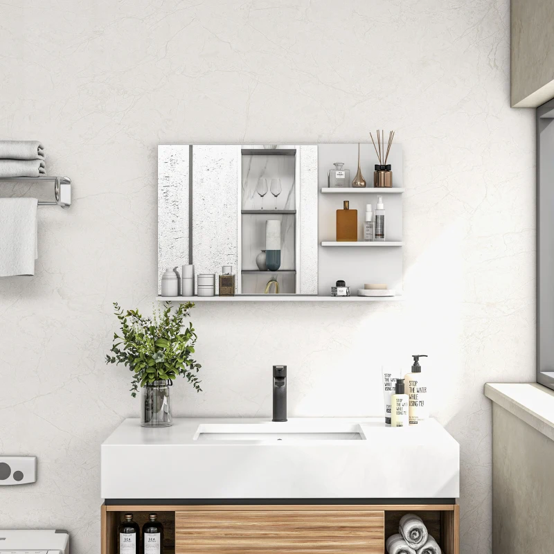 Kleankin Espelho de Casa de Banho de Parede com 2 Prateleiras Laterais e Prateleira Inferior 75x10x48 cm Branco