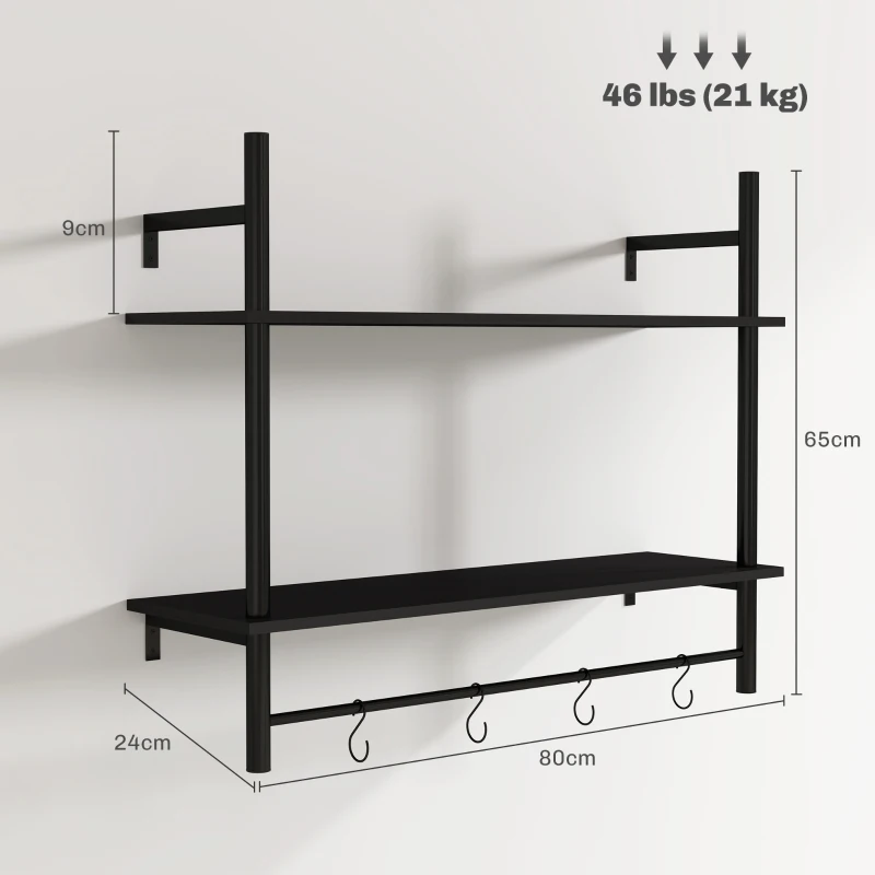 HOMCOM Estante de Parede de 2 Níveis Estante Suspensa com 4 Ganchos 2 Prateleiras e Estrutura de Metal 80x24x65 cm Preto