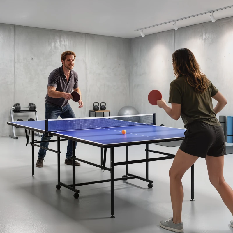 SPORTNOW Tischtennisplatte, klappbar, mobil, 2 Schläger, 3 Bälle, Metallrahmen, 274x152,5x76 cm, Blau