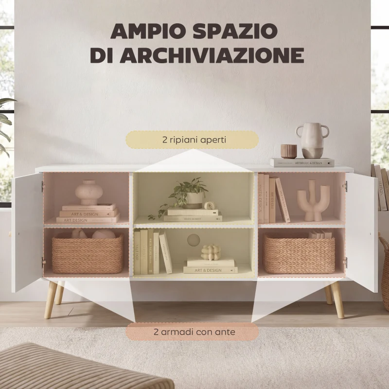 HOMCOM Mobile TV 55" max con 2 Armadietti e 2 Ripiani Aperti, in Legno e Truciolato, 120x34x50 cm, Bianco
