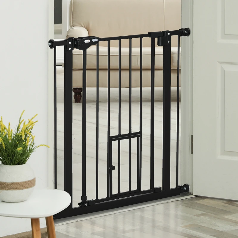 PawHut Barreira de Segurança para Animais de Estimação 74-80cm com Porta com Fechamento Automático e Sistema de Duplo Bloqueio Altura 76,2cm Preto