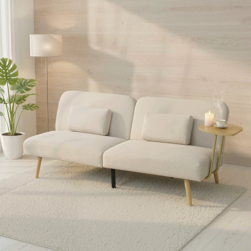 HOMCOM Sofá Cama de 3 Lugares com Mesa Auxiliar 3 em 1 com Encosto Ajustável Abertura Click-Clack 196x86x81 cm Bege