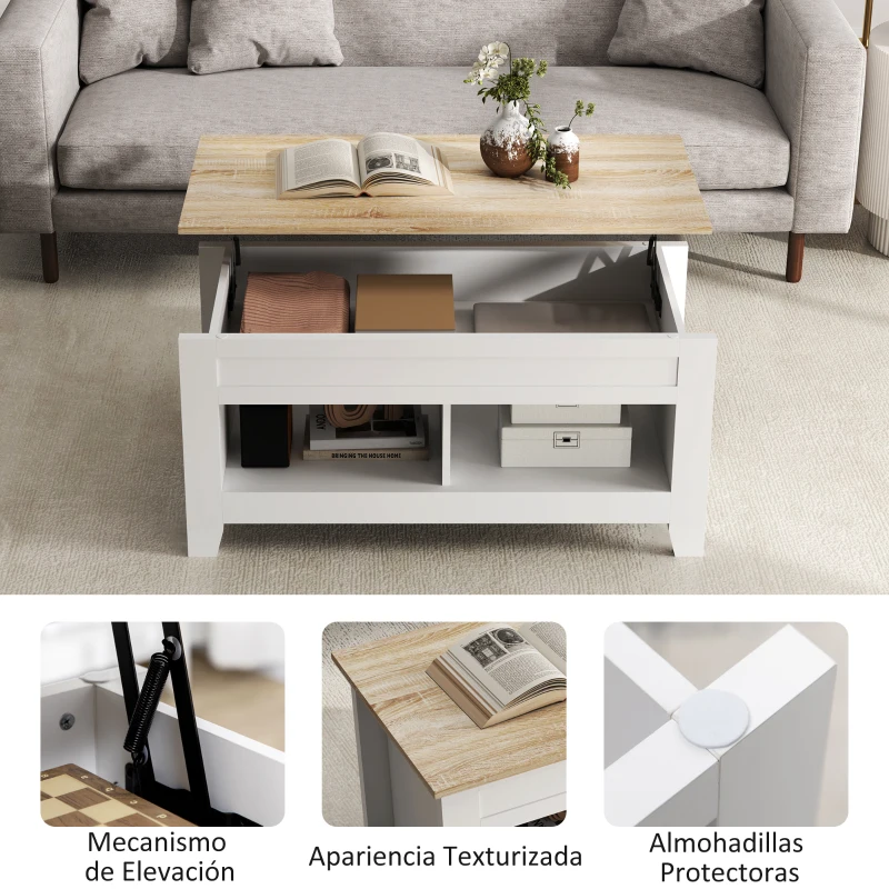 HOMCOM Mesa de Centro Elevable con Encimera Elevable y Espacio Oculto de Almacenaje 105x50x49 cm Blanco y Natural