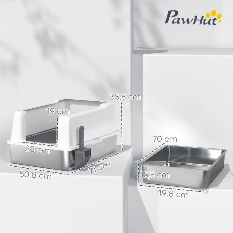 PawHut Lettiera per Gatti Impermeabile con Pareti Rialzate, Vassoio e Paletta, in ABS, 71x50.8x35.5 cm, Bianco