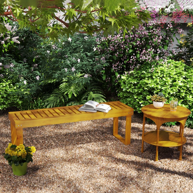 Outsunny 2-Sitzer-Bank, Gartenbank aus Kiefernholz mit Latten-Sitz, Rustikale Außenbank für Garten, Veranda, Terrasse, Teak