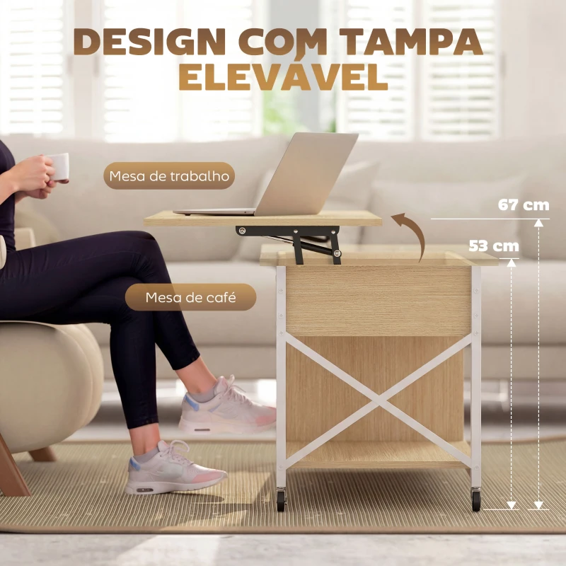 HOMCOM Mesa de Centro Elevatória com Rodas Compartimento Oculto e Prateleiras Abertas 105x50x67 cm Madeira e Branco