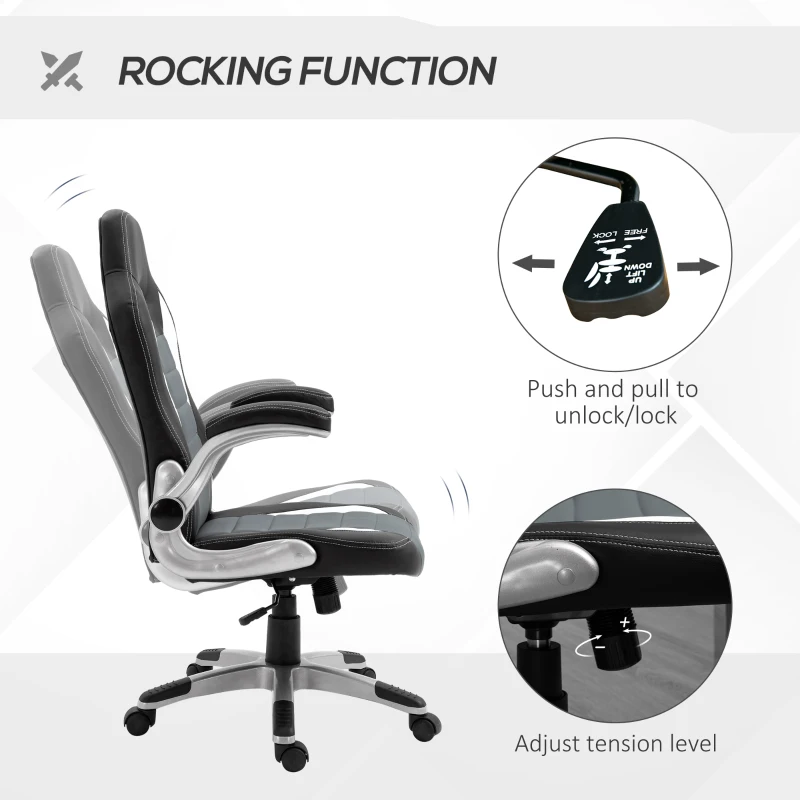 HOMCOM Racing Office Chair PU Leather Computer Desk Chair Gaming Style with Wheels, Flip-Up Armrest, Grey