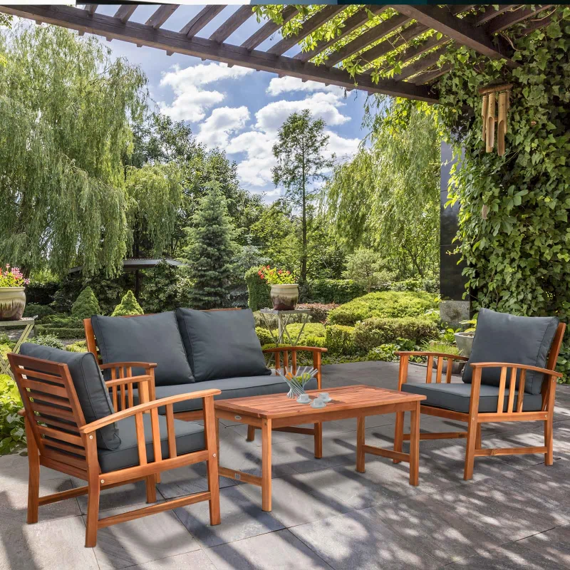 Outsunny 4er-Set Gartenmöbel Holz Sitzgruppe Garnitur Lounge mit Kissen Tisch Sessel Braun 3–4 Personen