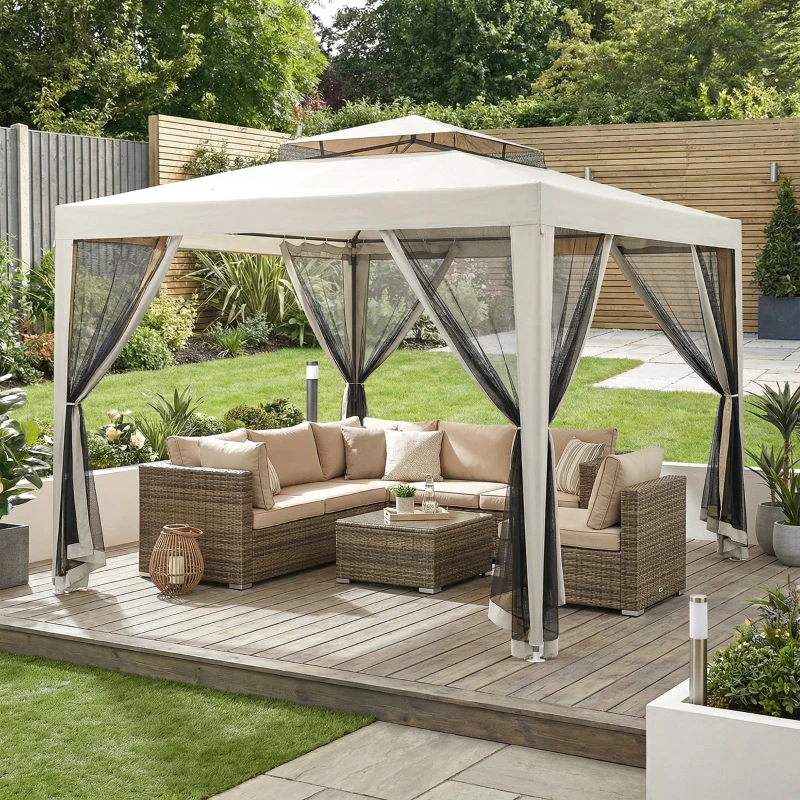 Outsunny Gazebo da Giardino 3x3 m con Zanzariera, Doppio Tetto e 8 Fori, in Acciaio e Poliestere Bianco Crema