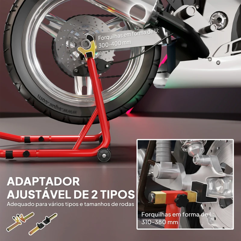 HOMCOM Cavalete Elevador Universal Suporte Roda Traseira Mota com Forquilhas em U e L Ajustáveis e Almofadas Antiderrapantes 58,5x34,5x69 cm Vermelho
