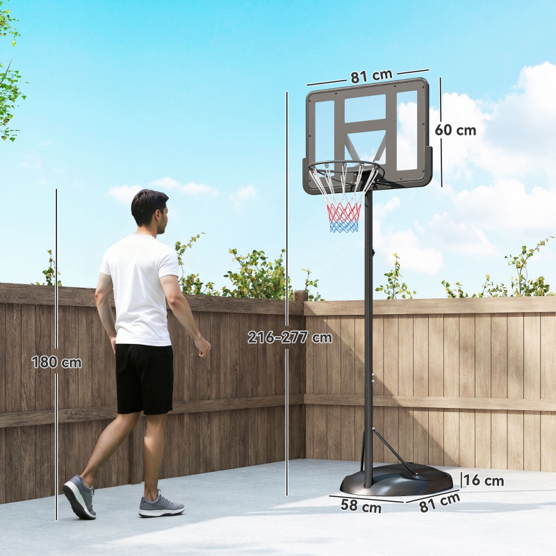 SPORTNOW Tabela de Basquetebol com Altura Ajustável 216-277 cm Aro de Basquetebol para Exterior com Rodas e Base Recarregável Preto