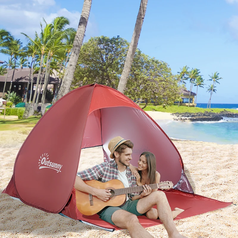 Outsunny Tienda de Playa para 2-3 Personas Pop-Up con Ventanas tipo Refugio con Protección Solar UV 200x150x119 cm Rojo