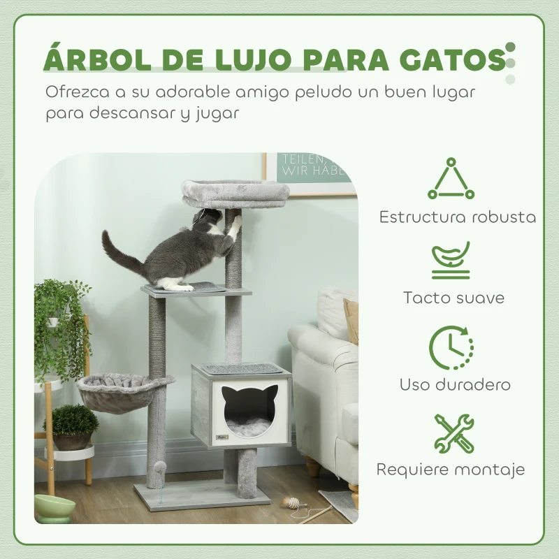 PawHut Árbol Rascador para Gatos con Plataforma Torre Escalador para Gatos con Hamaca Caseta Cama Postes 48x40x126 cm Gris