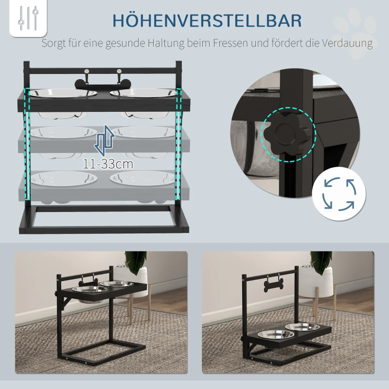 PawHut Verhoogde voerbakken voor huisdieren, roestvrijstalen voerbakken, 40,5 x 22 x 39 cm, zwart + zilver