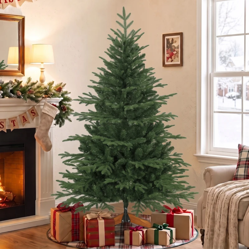 HOMCOM 150cm Artificial Christmas Tree Full Hinged Xmas Tree Solid Pine Wood Stand, Green