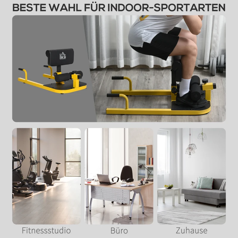 HOMCOM Sissy Squat Kniebeugentrainer Beintrainer Bauch-Gesäß-Trainer 3 in 1 Trainer verstellbar bis 120 kg Stahl Gelb+Schwarz 50 x 97 x (44,5–56,5) cm