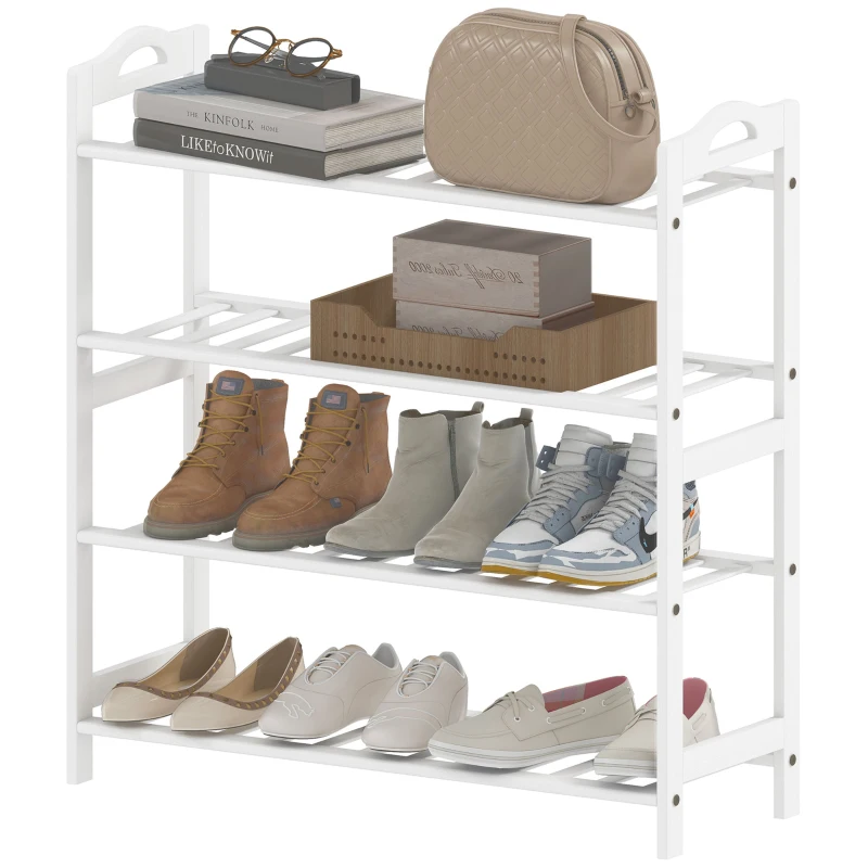 HOMCOM Sapateira de 4 Níveis Estante para Sapatos em Bambu para 12 Pares de Sapatos 67,5x24,7x72 cm Branco