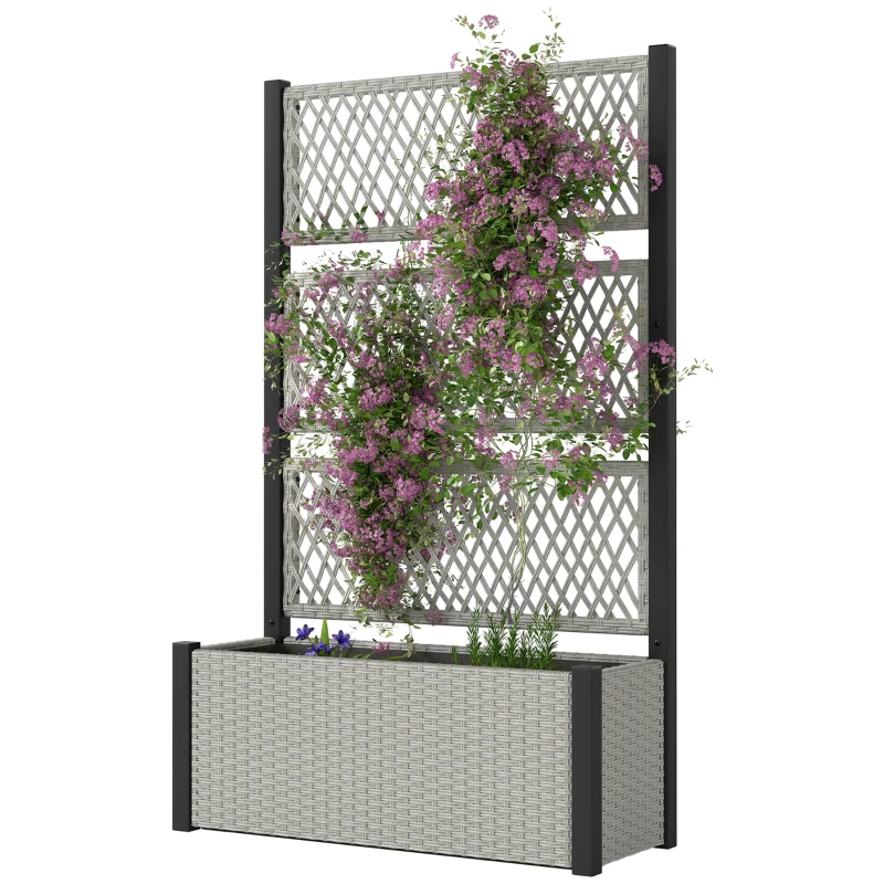 Outsunny Hochbeet mit Rankgitter in Rattan-Optik Pflanzkasten Blumenkasten mit Rankhilfe 90 x 35 x 148cm Grau