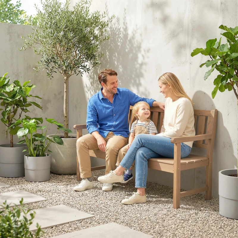 Outsunny Wooden Garden Bench with Liftable Table & Shelf, 2-3-Seater Outdoor Loveseat with Fir Wood Frame, Teak