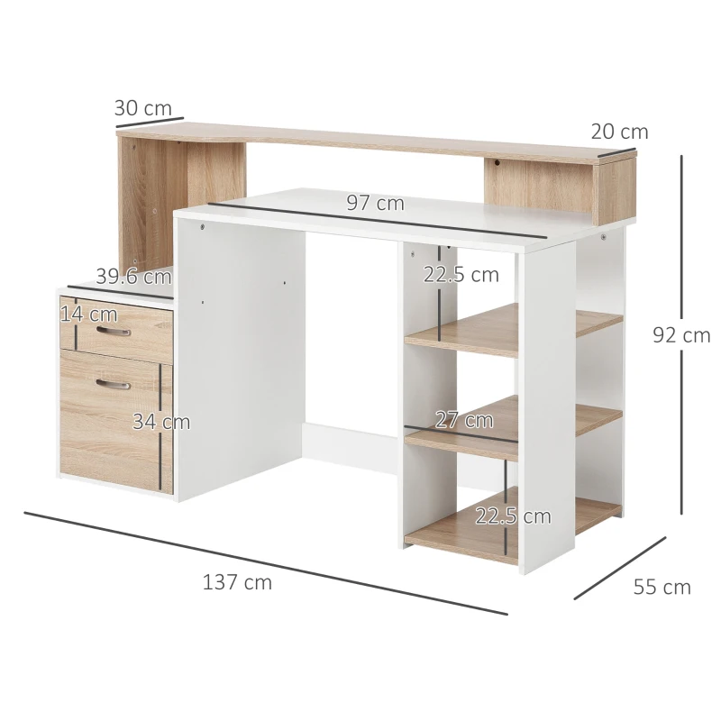 HOMCOM Computer Desk with Drawers and Storage Shelves, Office Desk Writing Table with Printer Stand, Large Workstation for Study Play Work Home Office, 137 x 55 x 92cm, Oak