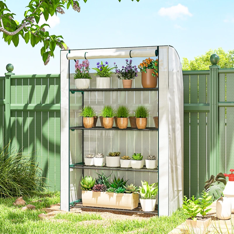 Outsunny Mini Greenhouse with Reinforced PE Cover, Portable Indoor Outdoor Green House with Roll-up Door, 170 x 120 x 50cm, White