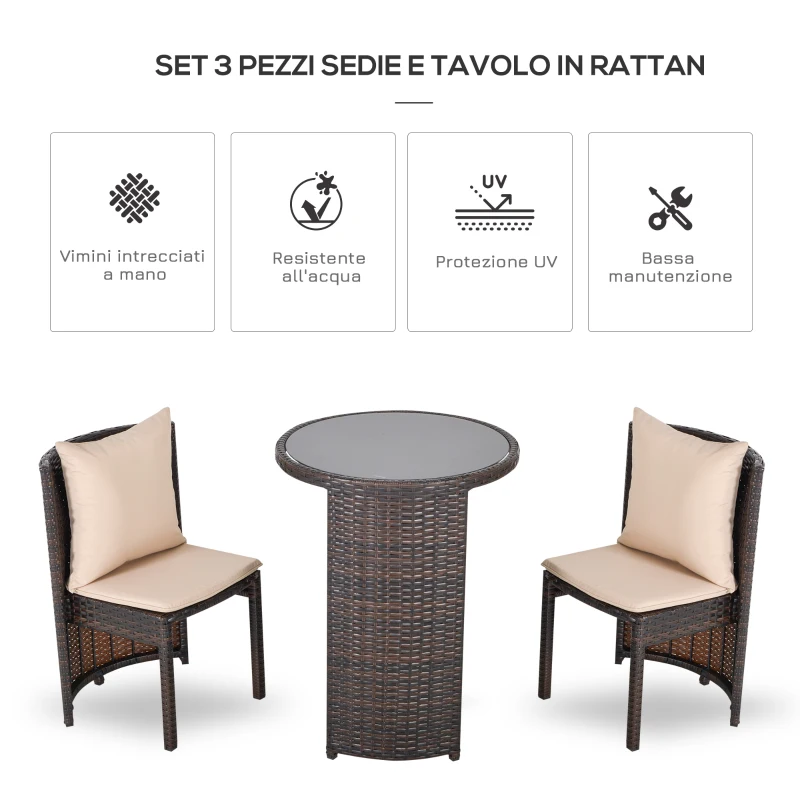 Outsunny Set Tavolino Sedie da Esterno e Giardino in Rattan Marrone e Beige