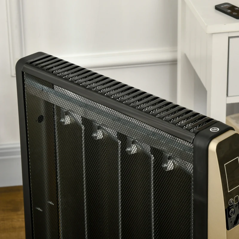 HOMCOM Aquecedor Elétrico 1000/2000W com Painel de Mica Controlo Remoto Termostato Temporizador e 4 Rodas 56x26,5x61,5cm Preto