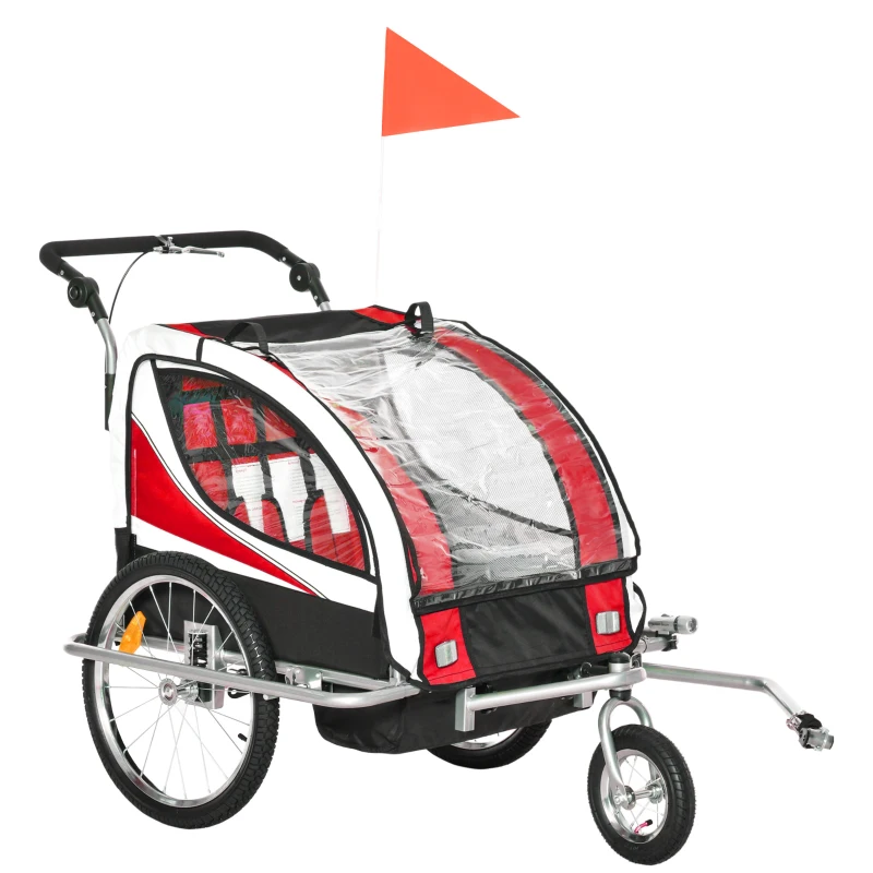 HOMCOM Remolque para Bicicleta con Barra de Paseo para Niños de 2 Plazas con Rueda Delantera Giratoria 360° y Asiento Acolchado Carga Máx. 40 kg Rojo