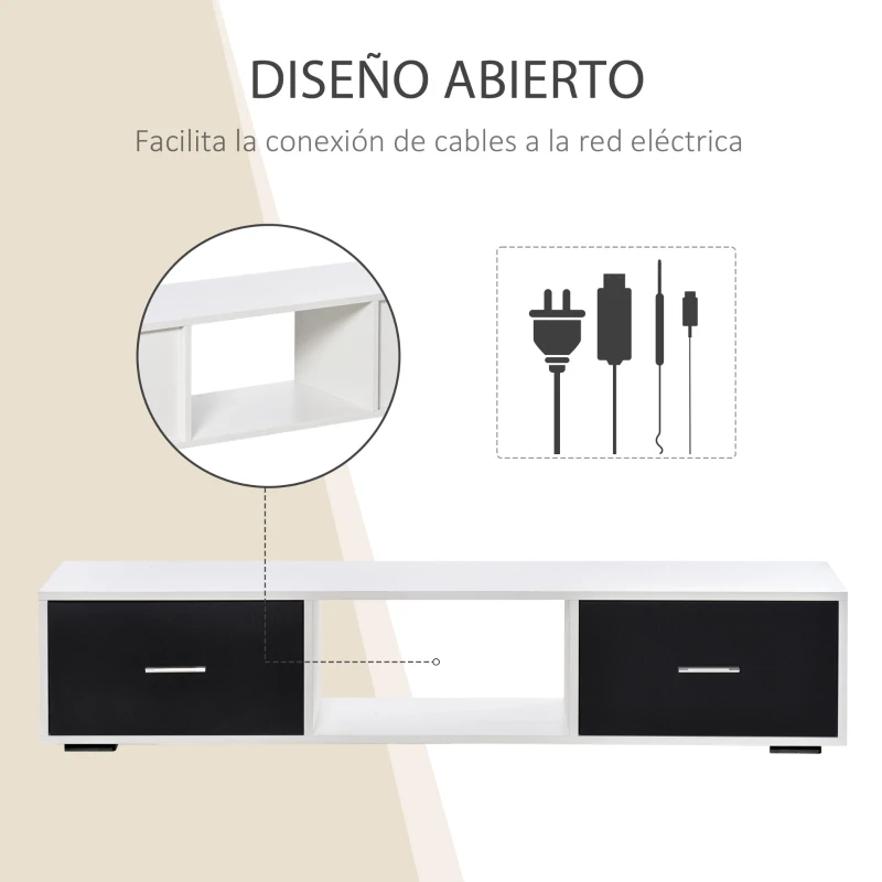 HOMCOM Mueble de TV para Televisores de hasta 60" Mesa para TV de Salón Estilo Moderno con 2 Cajones y Compartimento Abierto 140x30x32 cm Blanco y Negro