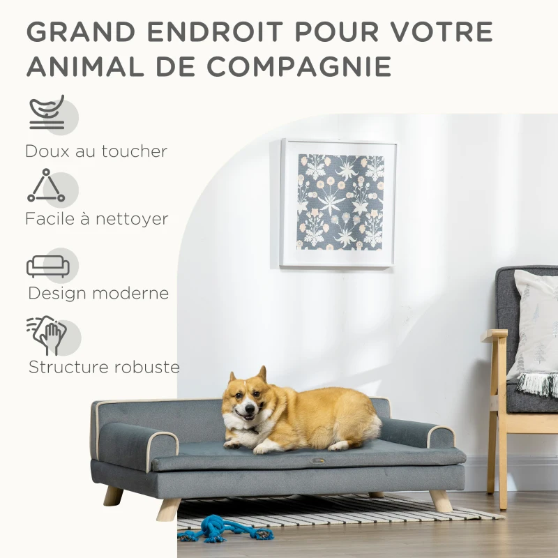 PawHut Canapé pour chien chat design scandinave coussin moelleux amovible pieds bois massif 100 x 62 x 32 cm gris