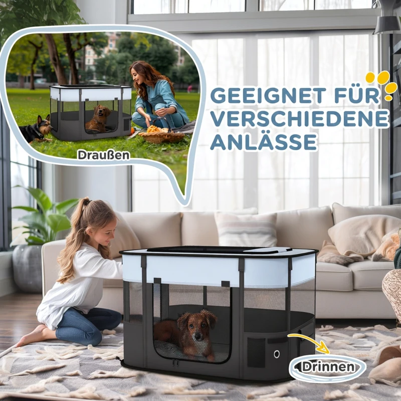 PawHut Spielgehege für Haustiere, faltbar, mit Aufbewahrungstasche, für Welpen und Kätzchen, drinnen und draußen, Grau
