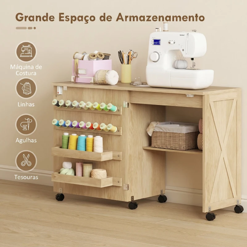 HOMCOM Mesa Dobrável para Máquina de Costura com Porta Magnética, 2 Compartimentos, Prateleira, 18 Suportes para Linhas e 5 Rodas, Madeira Natural