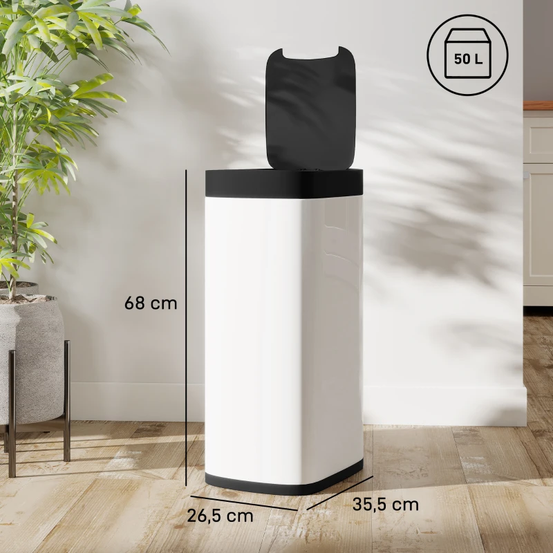 HOMCOM Poubelle de cuisine automatique 50L, poubelle à capteur de mouvement, fonctionne sur piles, 26,5x35,5x68cm, crème