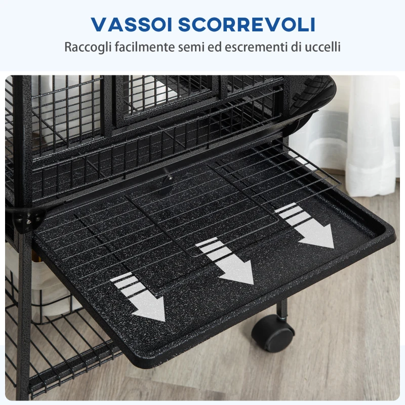 PawHut Gabbia per Pappagallini con 2 Posatoi e Scala ad Arco, in Acciaio, 62.5x62.5x156 cm, Grigia