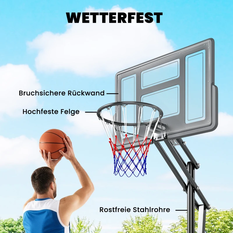 SPORTNOW Basketballkorb Outdoor 235-305cm schnell Höhenverstellbar, mit 110x70cm bruchsichere Rückwand 2 Rädern & Gewichtssack