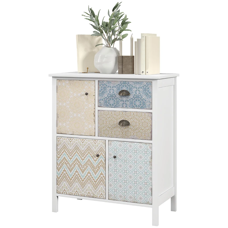 HOMCOM Sideboard, Shabby Chic Commode, 2 Laden, 3 Kasten, Grenenhout, 68x34x80cm, Wit