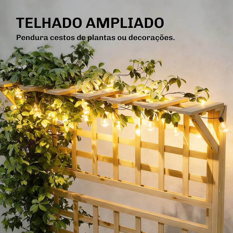 Outsunny Jardineira com Treliça e Teto em Madeira para Plantas Trepadeiras com 2 Prateleiras Drenagem e Forro 76x43,5x177 cm Natural