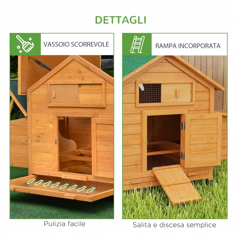 PawHut Pollaio in Legno da Esterno con 2 Nidi di Cova, Casetta per Galline con Vassoio Rimovibile e Tetto in Asfalto, per 2-4 Galline, Giallo